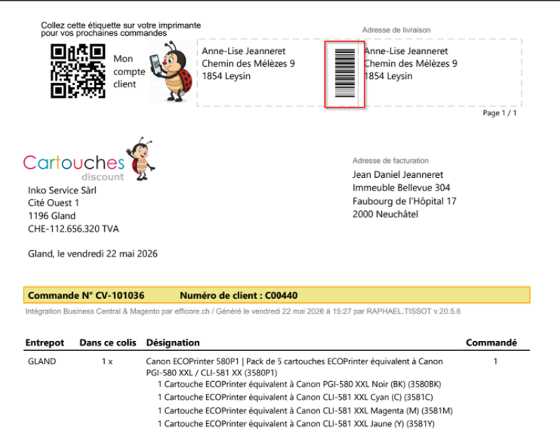 Code-barres numéro client sur document Business Central pour retours